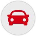 Rotes Symbol eines Autos von vorne vor einem grauen kreisförmigen Hintergrund