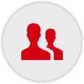 Rotes Symbol von zwei Menschen (nur Oberkörper mit Kopf) vor einem grauen kreisförmigen Hintergrund